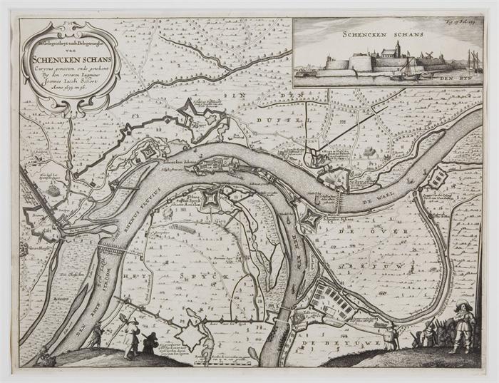Historische gedetailleerde zwart-wit kaart van het gebied rond Schenkenschans met rivieren fortificaties dijken en omliggende dorpen inclusief een ingevoegde tekening van het fort Schenkenschans rechtsboven