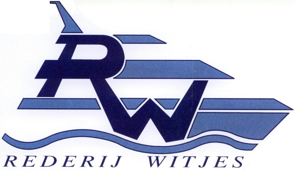 Logo van Rederij Witjes met gestileerde blauwe letters RW verwerkt in de vorm van een schip boven golvende lijnen met de tekst Rederij Witjes eronder