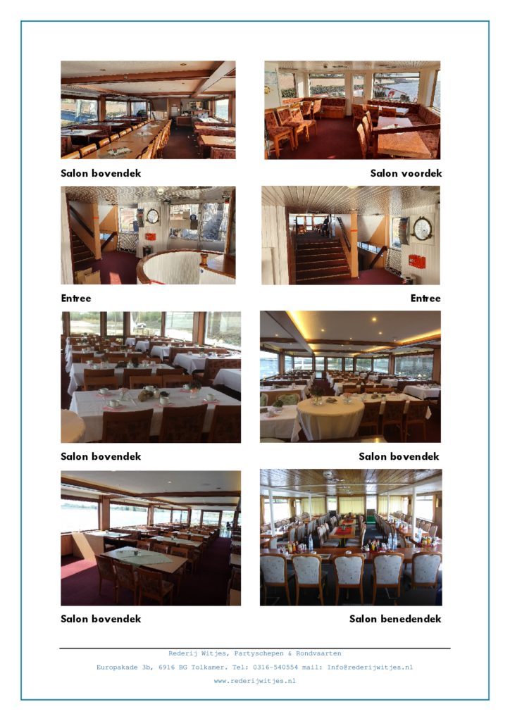 Collage van interieurfoto’s van partyschip Graaf van Bylandt met beelden van het bovendek benedendek en de entree ingericht met gedekte tafels en panoramische ramen