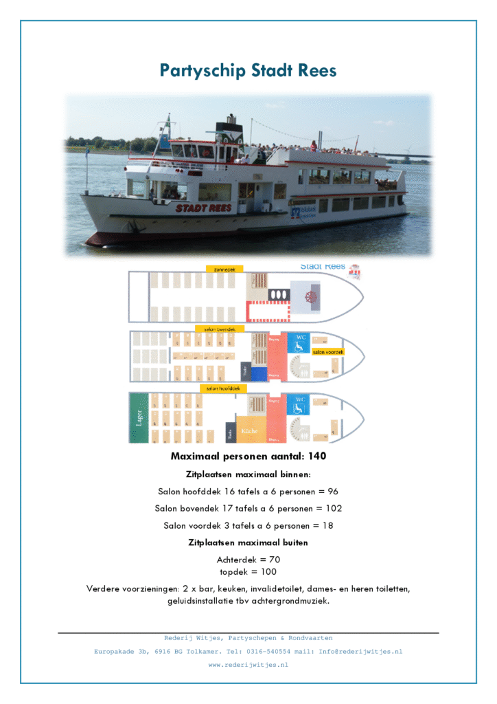 Informatieposter van partyschip Stadt Rees met foto van het schip, plattegronden van de dekken en maximale capaciteit van 140 personen.